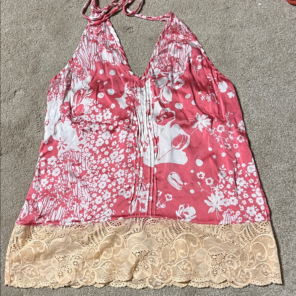 Silk Floral Pink white and Cream Halter Top new medium